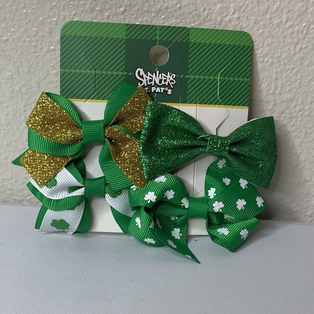 Spencer’s St Pat Patricks Day Ribbon Hair Bows Sparkle Green 4 Pk